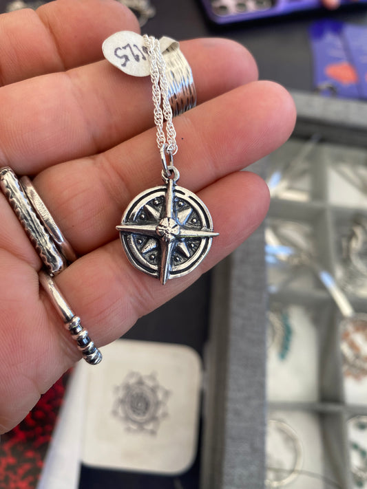 Sterling silver compass rose necklace